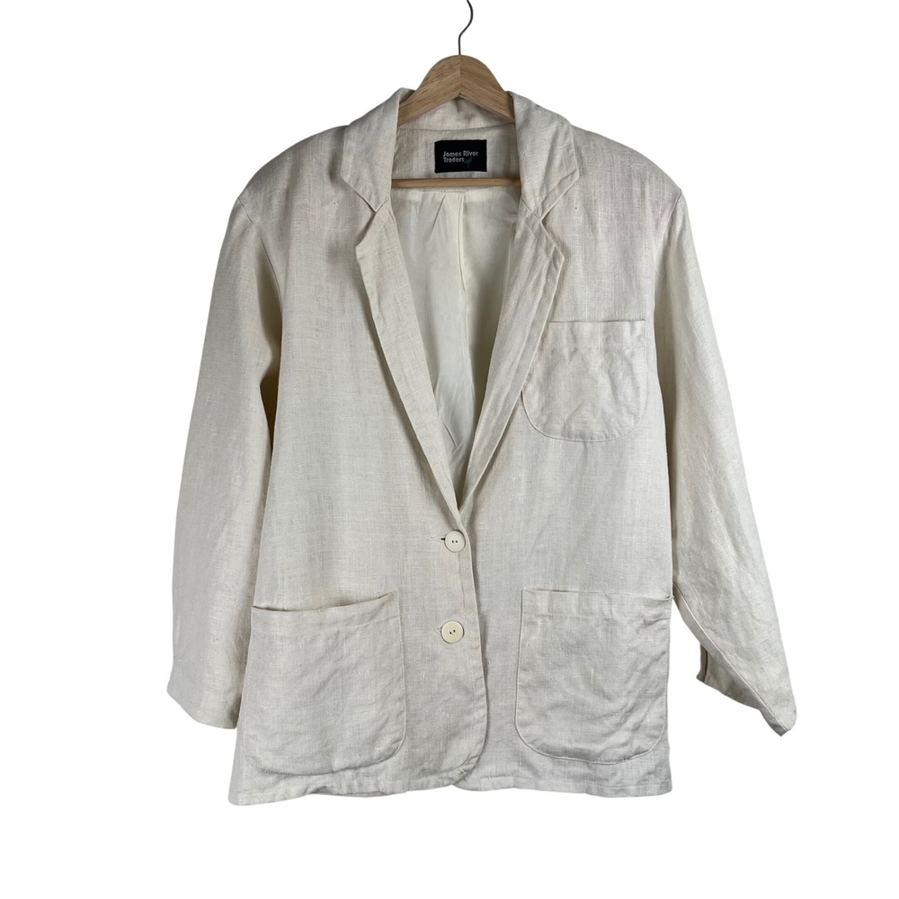 James River Traders Vintage Women 14  Ivory 100% Linen Blazer Jacket Made in USA